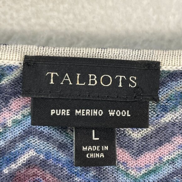 Talbots Womens Large Pure Merino Wool V Neck Sweater Chevron Navy Multicolor - Picture 4 of 10